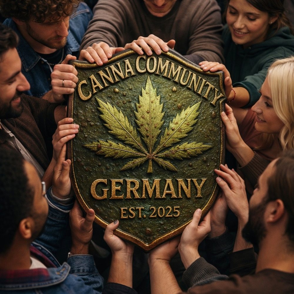 Mitglieder der Canna Community halten gemeinsam das Vereinswappen